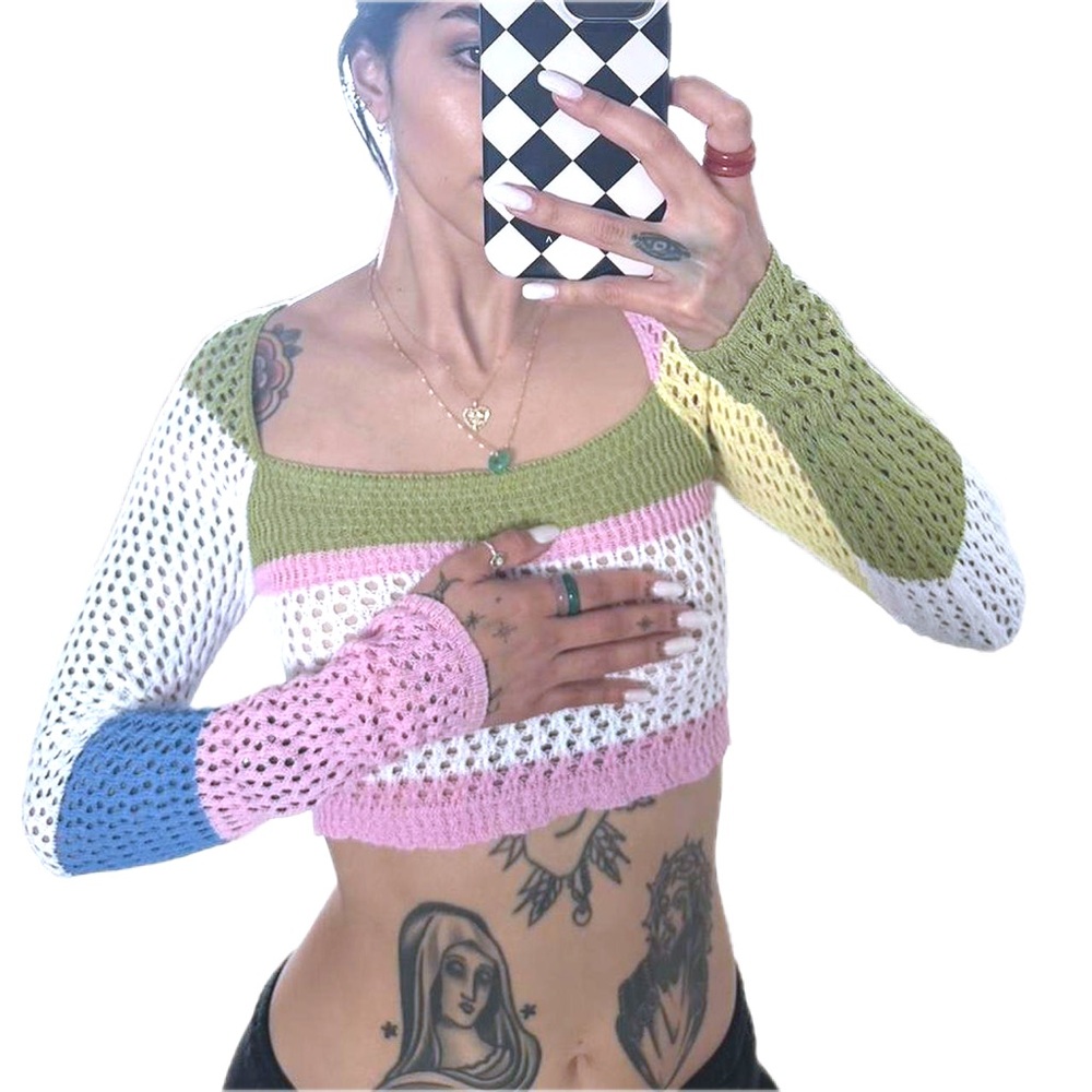 Colorful Patchwork Knit Sweater - image 2